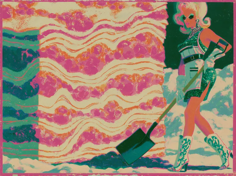 A tiny drag queen with a shovel
